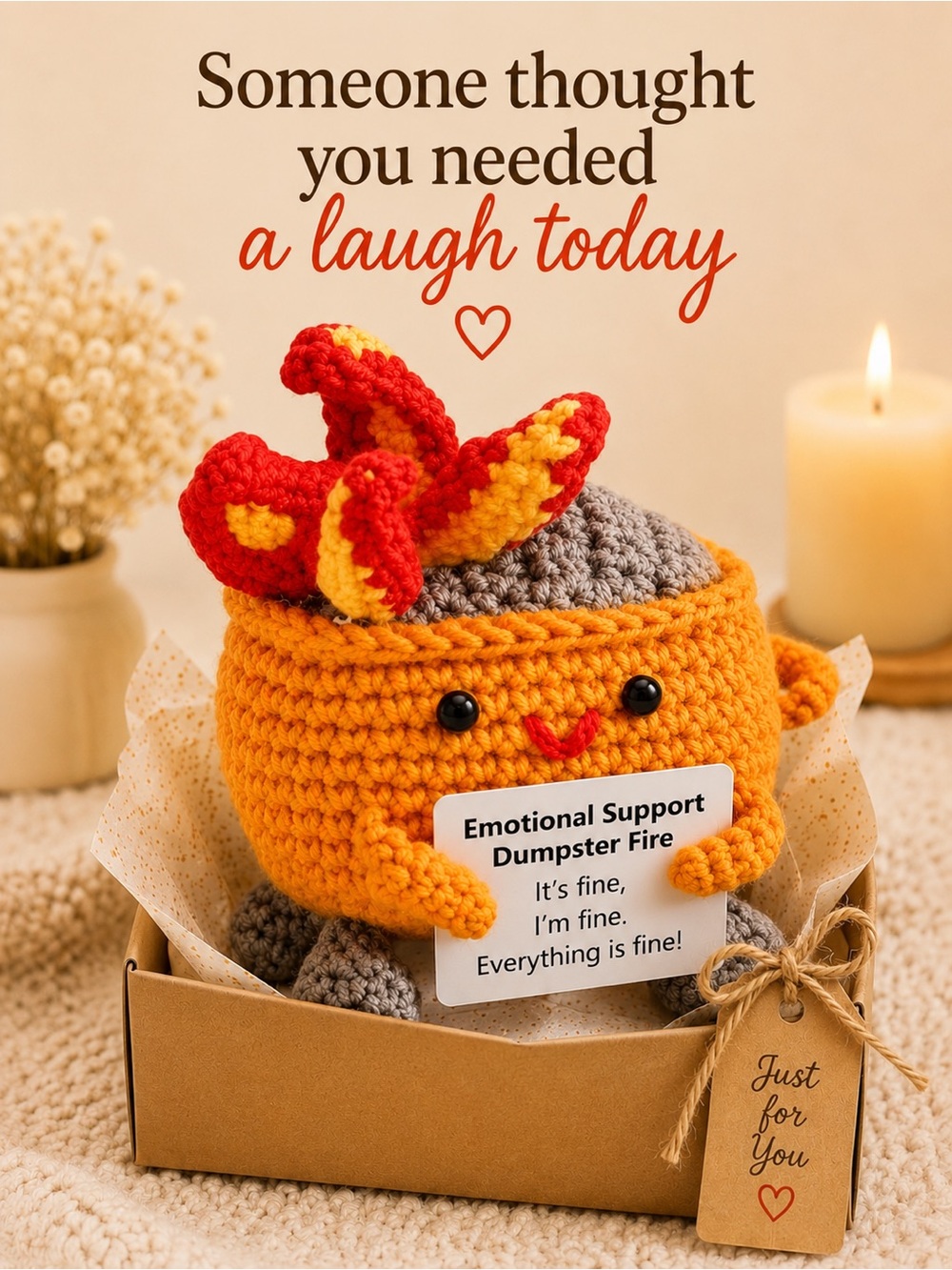 Emotional Support Orange Dumpster Fire Crochet Plush Funny Gift Desk Buddy NEW